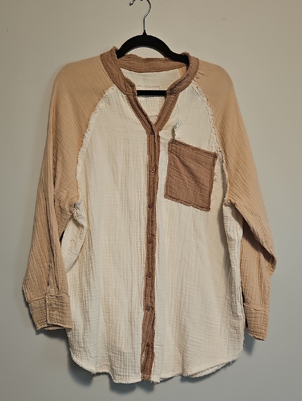 aerie Two-Tone Long Sleeve Gauzy Button Shirt - Cream & Tan
